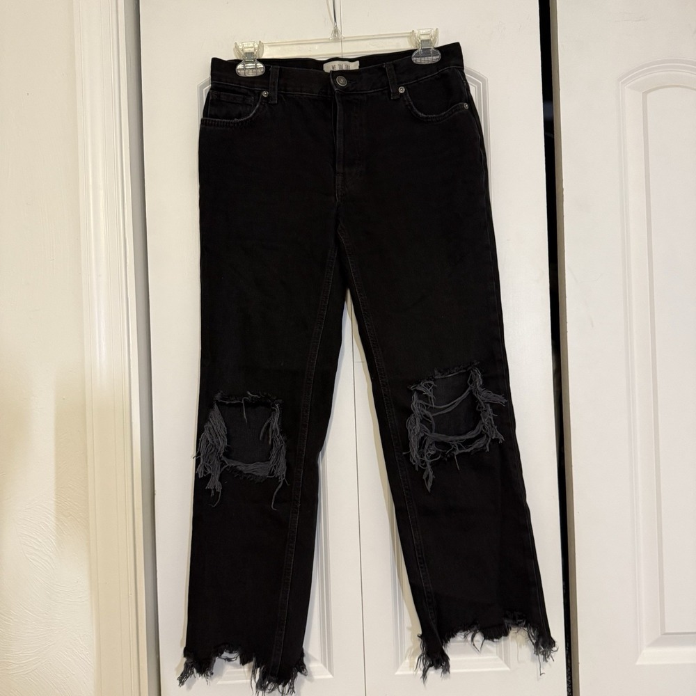 We The Free Jeans Women's 25 Black Denim Raw Hem Ripped Knee Boho Fray